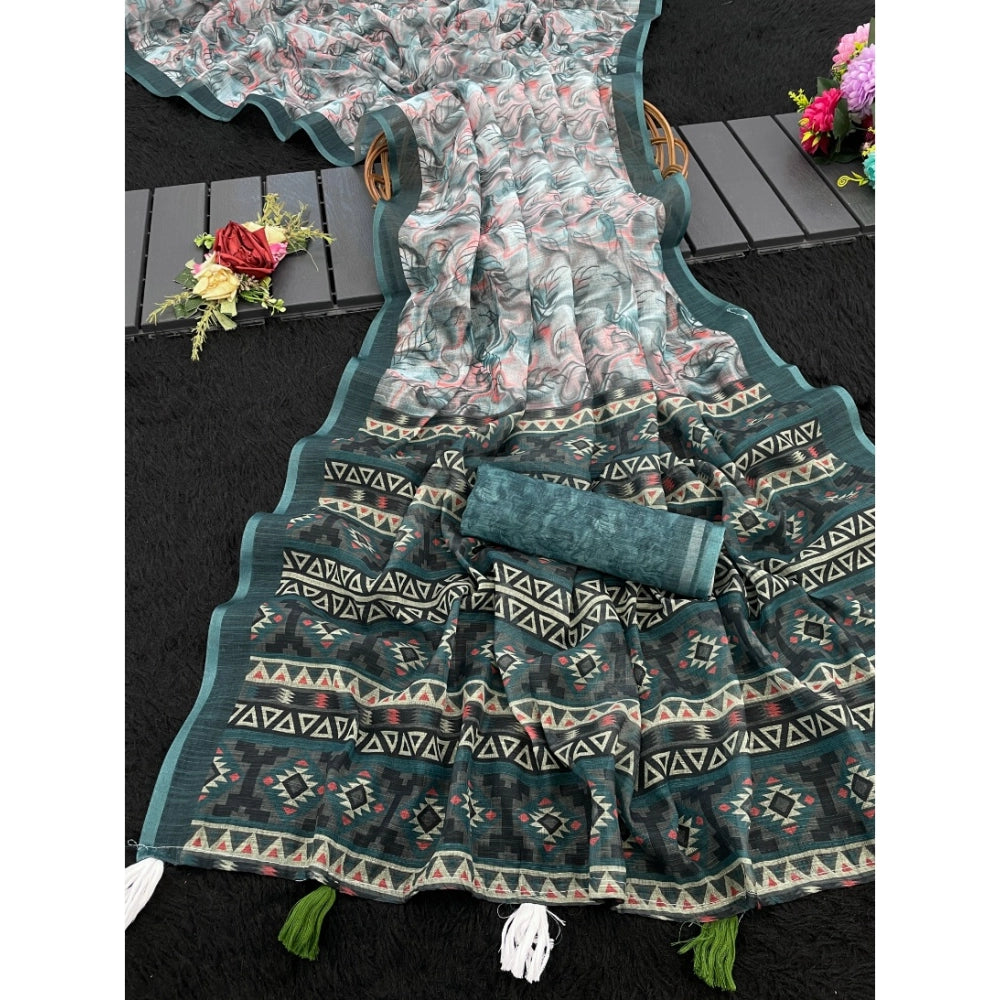 Women's Linen Cotton  Printed Saree With Unstitched Blouse 5.5Mtr (Blue)