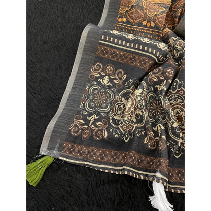 Women's Linen Cotton  Printed Saree With Unstitched Blouse 5.5Mtr (Beige)