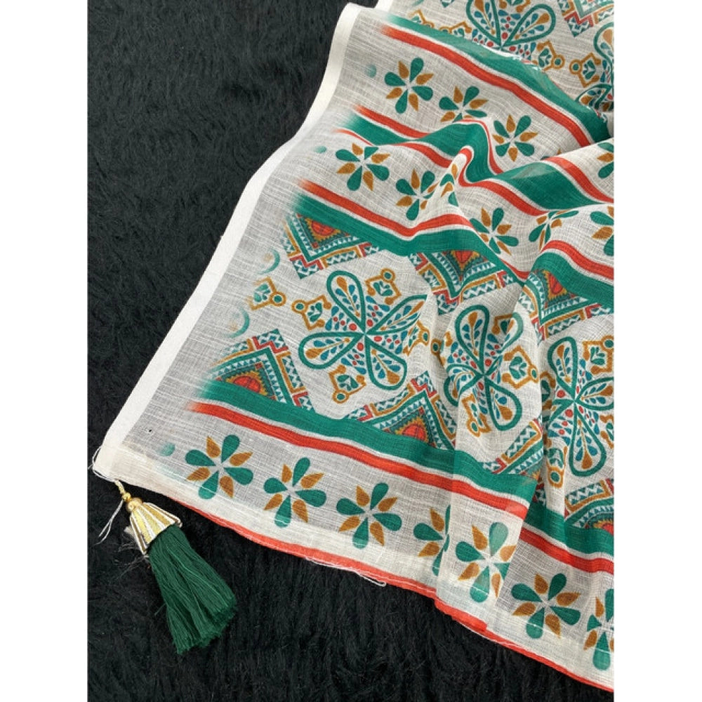 Women's Linen Cotton  Printed Saree With Unstitched Blouse 5.5Mtr (Green)