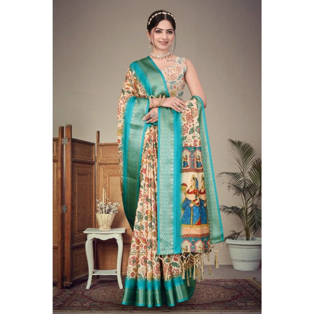 Women's Cotton Silk  Printed Saree With Unstitched Blouse 5.5Mtr (Sky Blue)
