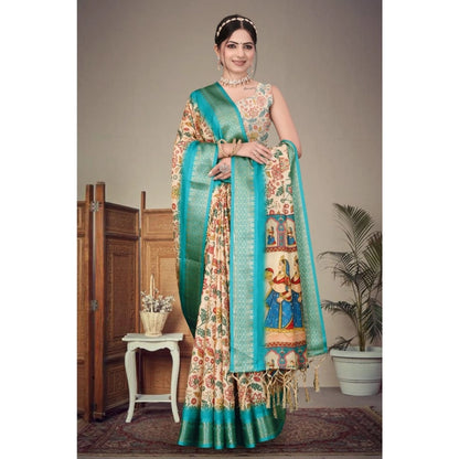 Women's Cotton Silk  Printed Saree With Unstitched Blouse 5.5Mtr (Sky Blue)