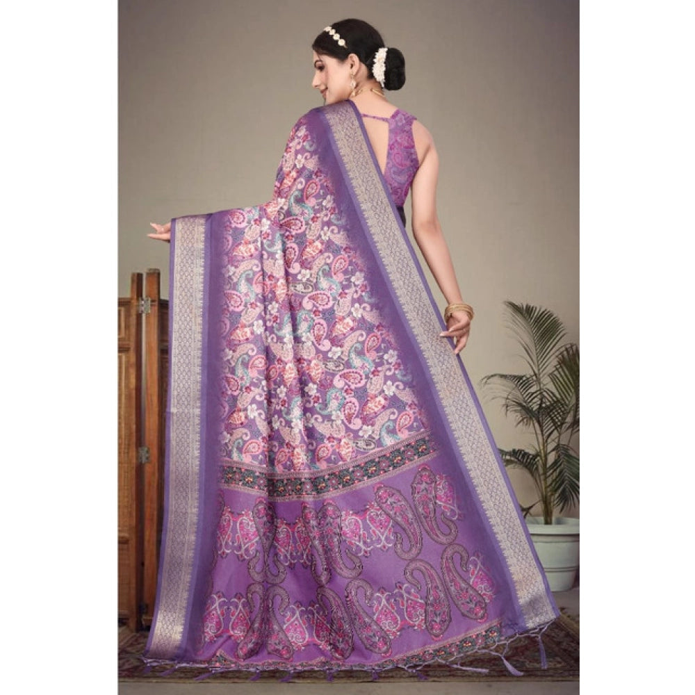 Women's Cotton Silk  Printed Saree With Unstitched Blouse 5.5Mtr (Purple)