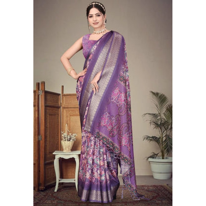 Women's Cotton Silk  Printed Saree With Unstitched Blouse 5.5Mtr (Purple)