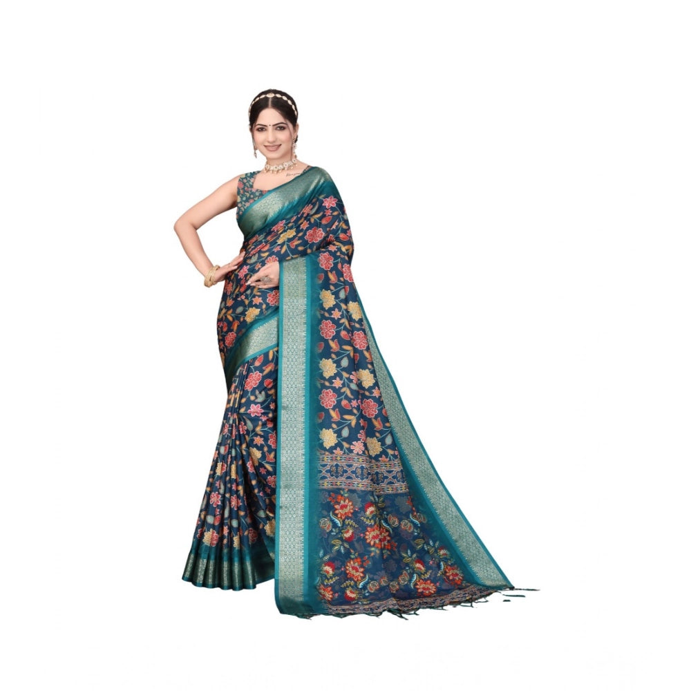 Women's Cotton Silk  Printed Saree With Unstitched Blouse 5.5Mtr (Blue)