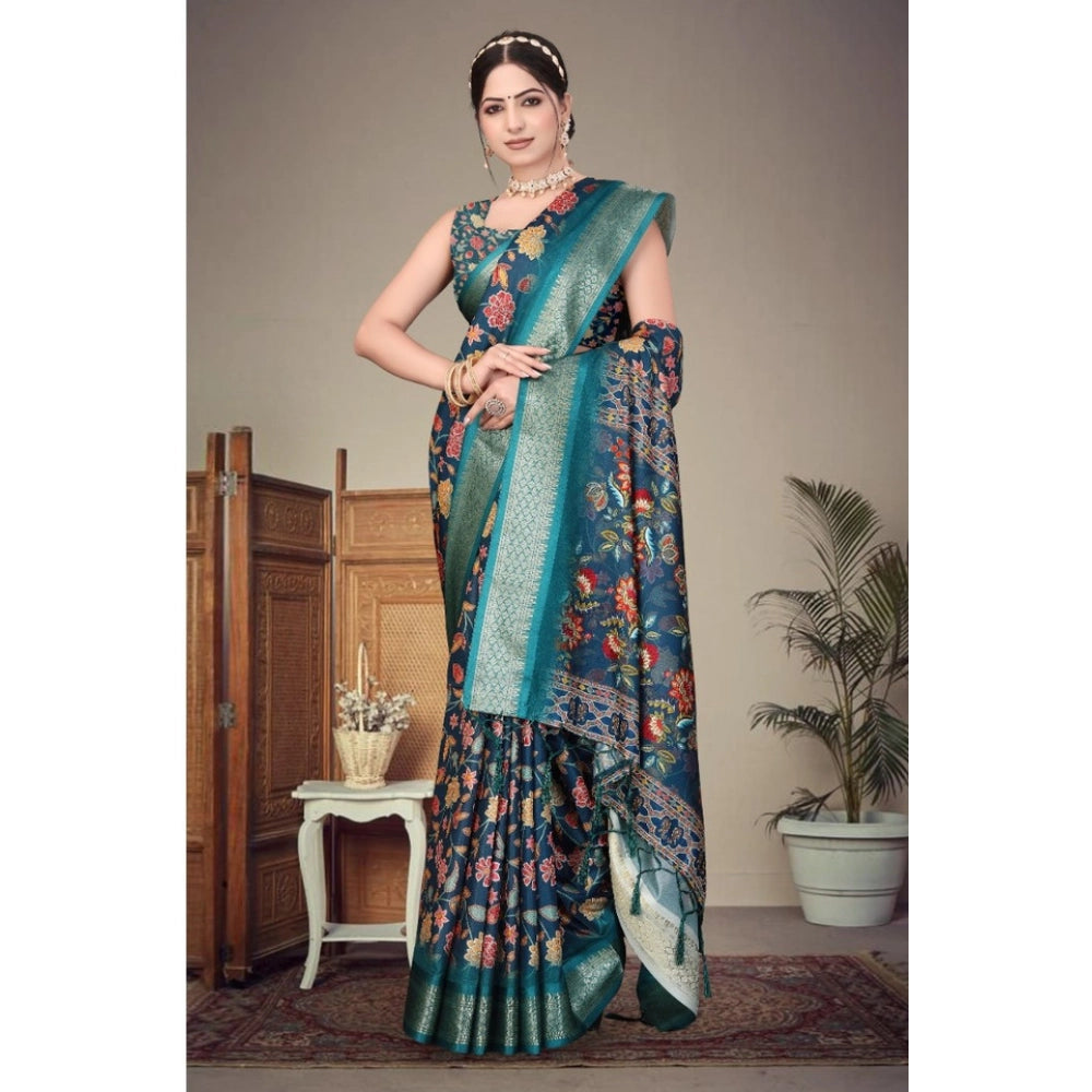Women's Cotton Silk  Printed Saree With Unstitched Blouse 5.5Mtr (Blue)