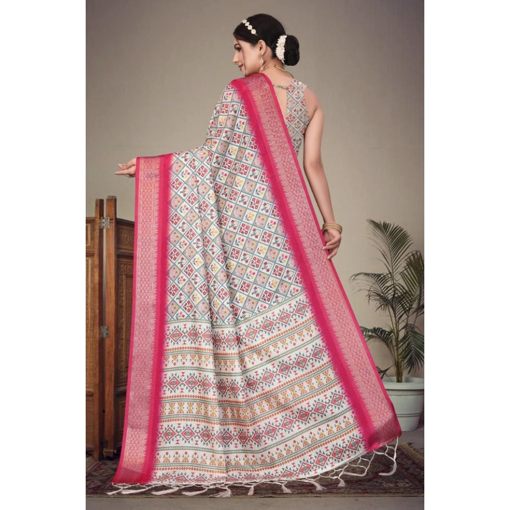 Women's Cotton Silk  Printed Saree With Unstitched Blouse 5.5Mtr (Pink)