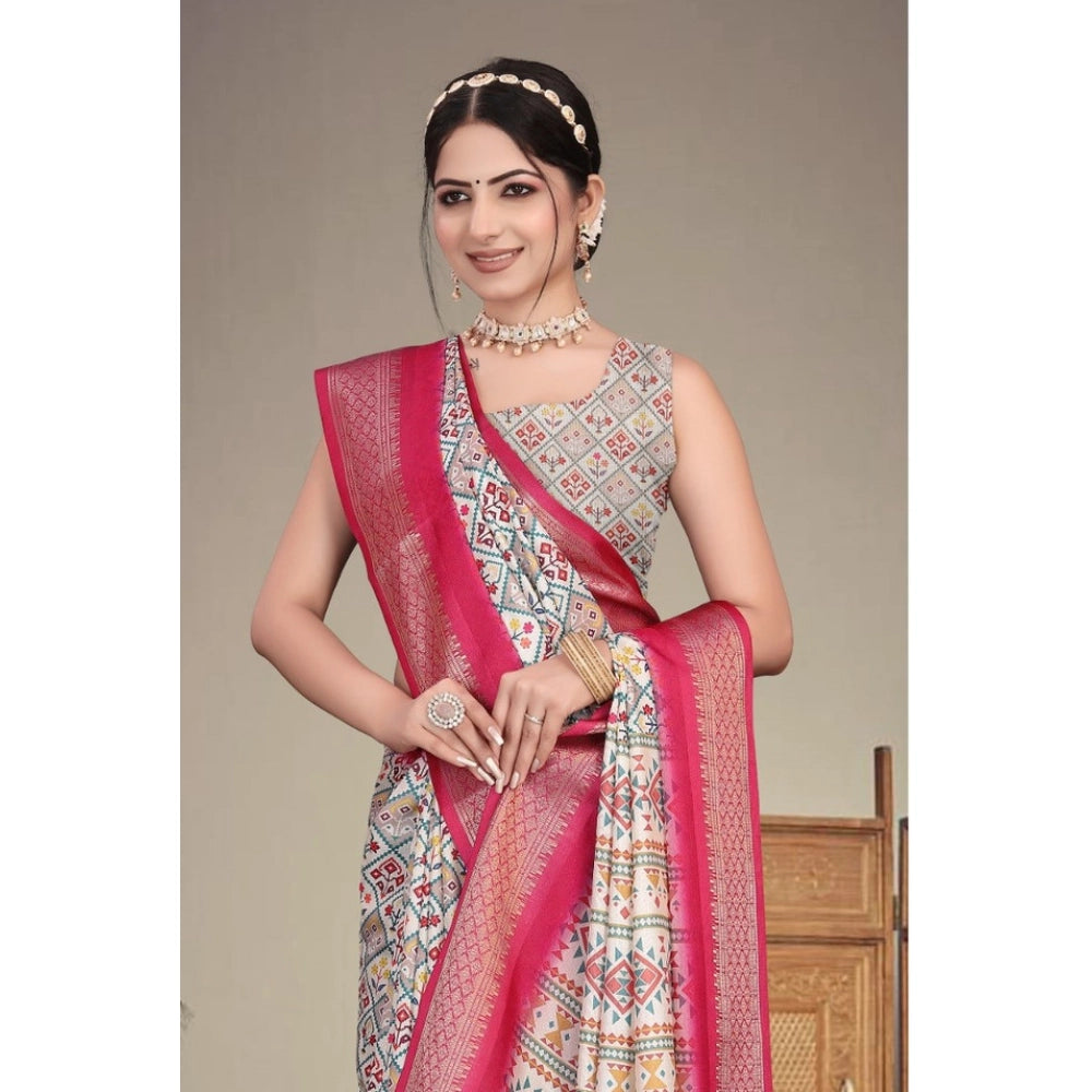Women's Cotton Silk  Printed Saree With Unstitched Blouse 5.5Mtr (Pink)