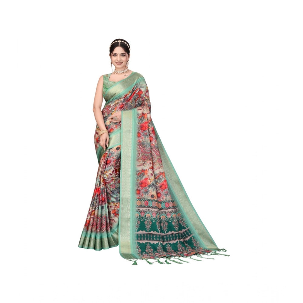 Women's Cotton Silk  Printed Saree With Unstitched Blouse 5.5Mtr (Light Green)