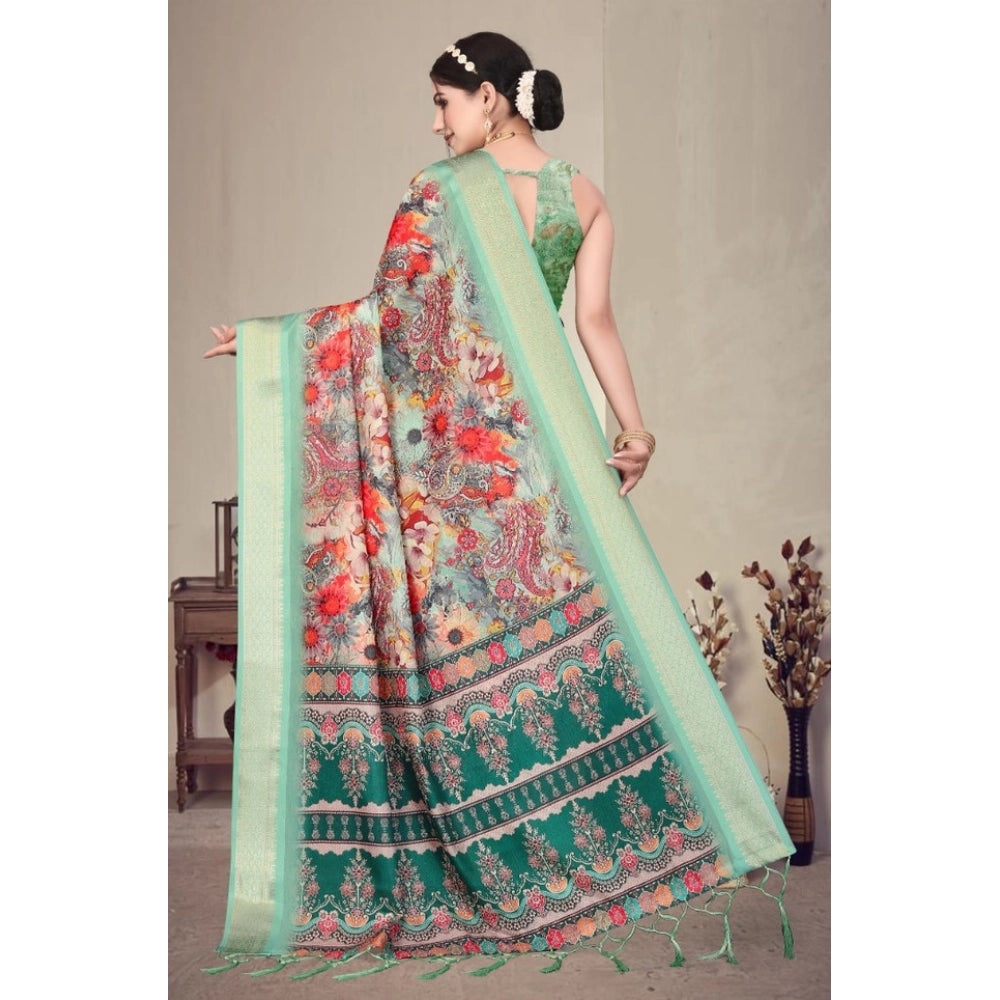 Women's Cotton Silk  Printed Saree With Unstitched Blouse 5.5Mtr (Light Green)
