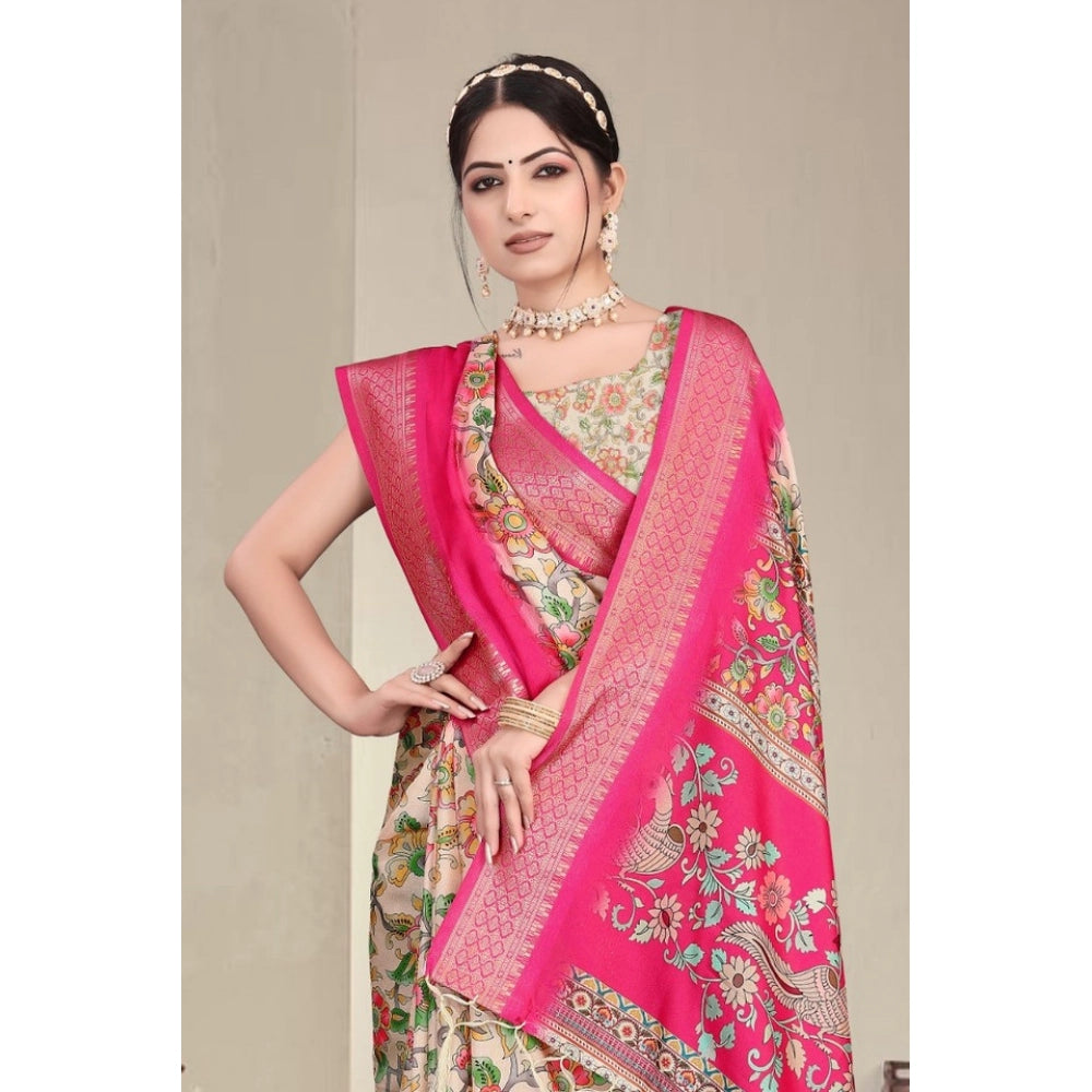 Women's Cotton Silk  Printed Saree With Unstitched Blouse 5.5Mtr (Pink)