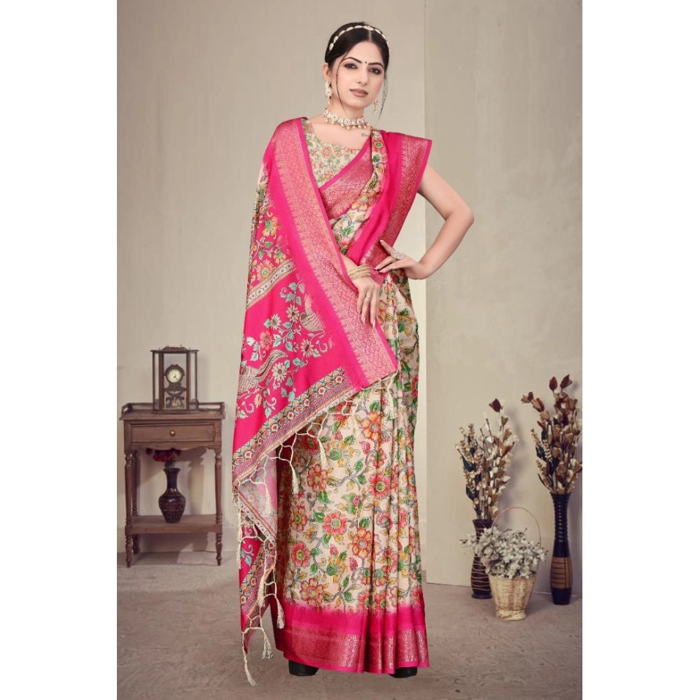 Women's Cotton Silk  Printed Saree With Unstitched Blouse 5.5Mtr (Pink)