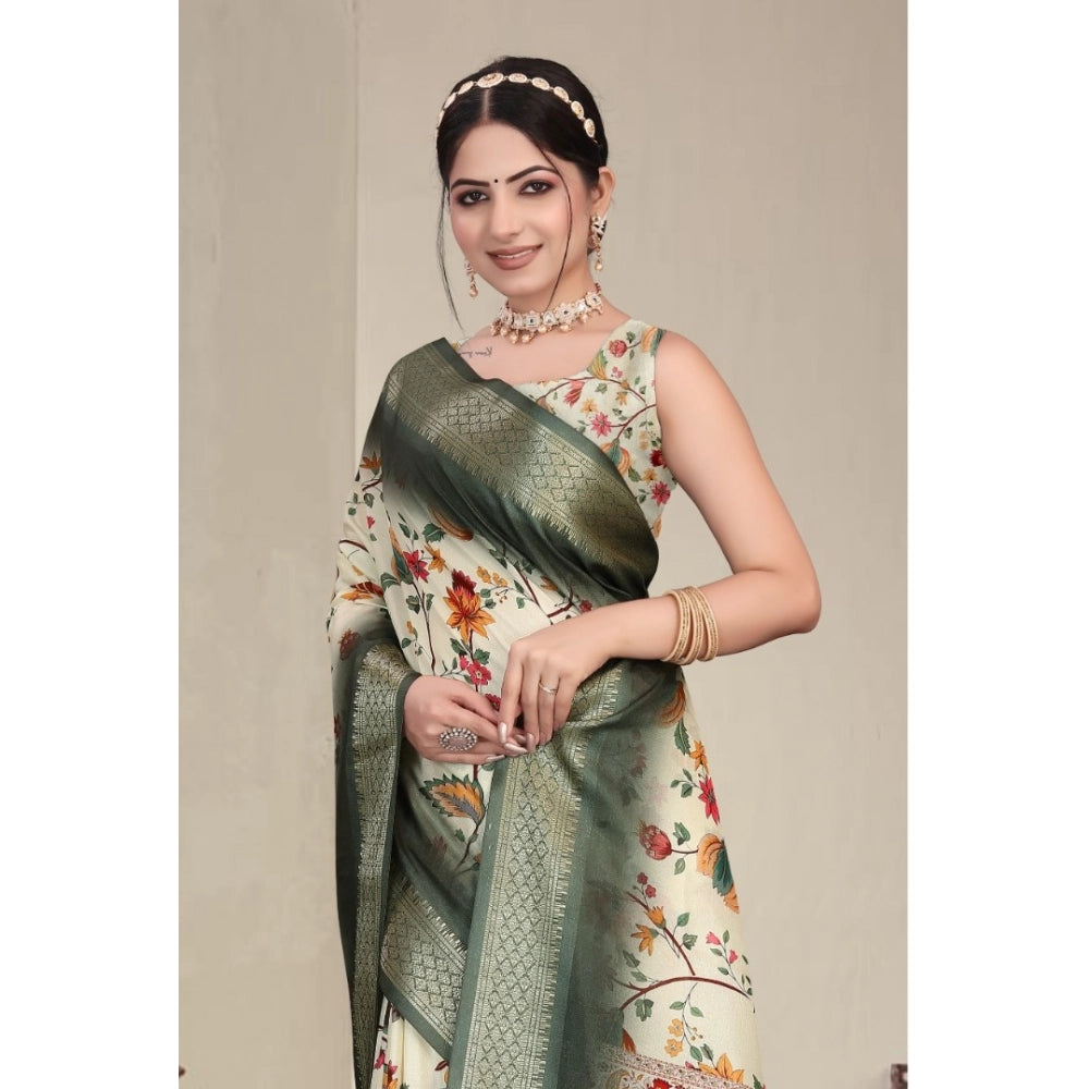 Women's Cotton Silk  Printed Saree With Unstitched Blouse 5.5Mtr (Green)