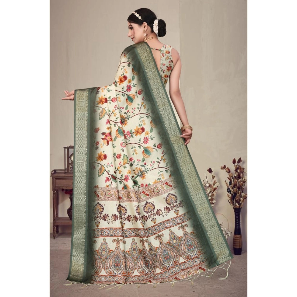 Women's Cotton Silk  Printed Saree With Unstitched Blouse 5.5Mtr (Green)