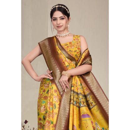 Women's Cotton Silk  Printed Saree With Unstitched Blouse 5.5Mtr (Yellow)