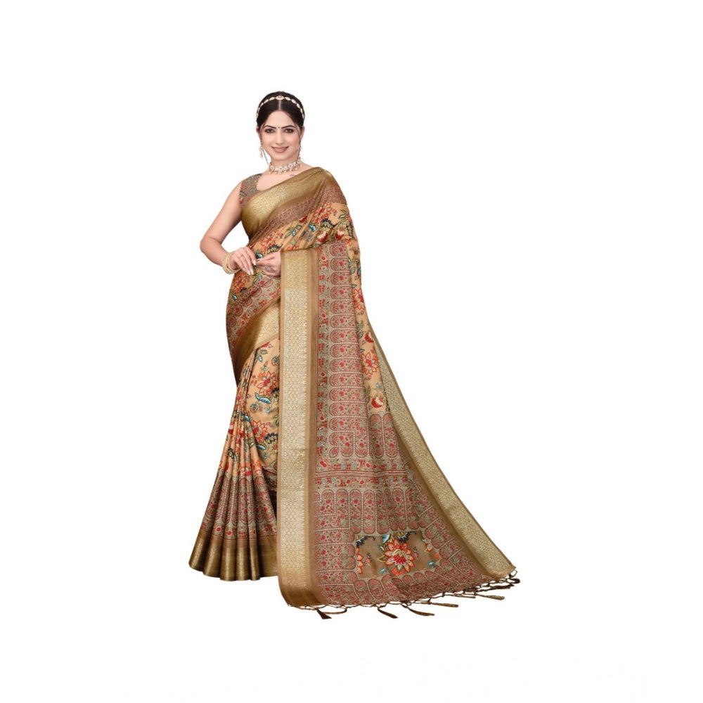 Women's Cotton Silk  Printed Saree With Unstitched Blouse 5.5Mtr (Peach)