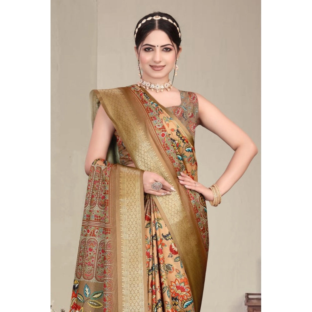 Women's Cotton Silk  Printed Saree With Unstitched Blouse 5.5Mtr (Peach)