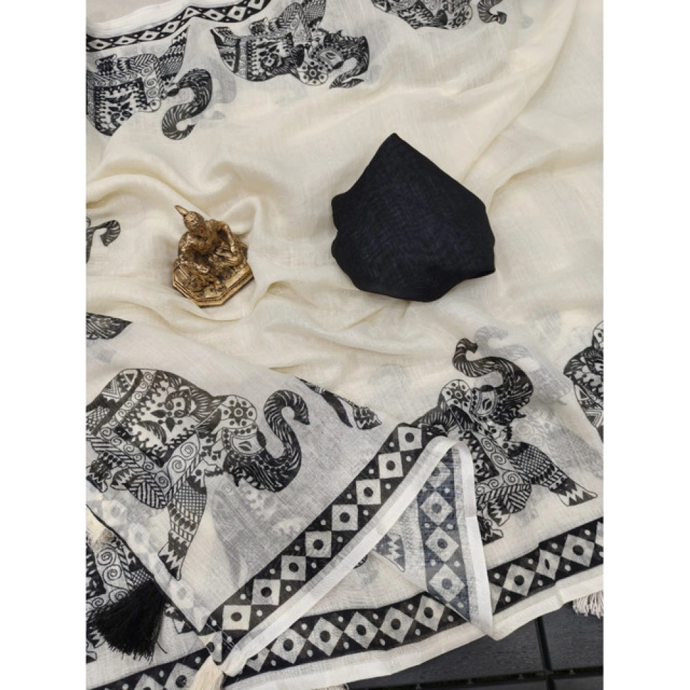 Women's Linen Cotton Printed Saree With Unstitched Blouse 5.5Mtr (Cream &amp; Black)