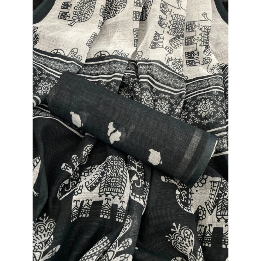 Women's Linen Cotton Printed Saree With Unstitched Blouse 5.5Mtr (Black)