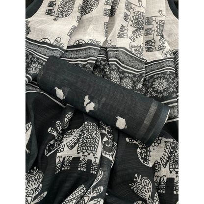 Women's Linen Cotton Printed Saree With Unstitched Blouse 5.5Mtr (Black)
