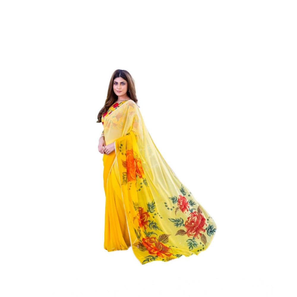 Women's Georgette  Printed Saree With Unstitched Blouse 5.5Mtr (Yellow)