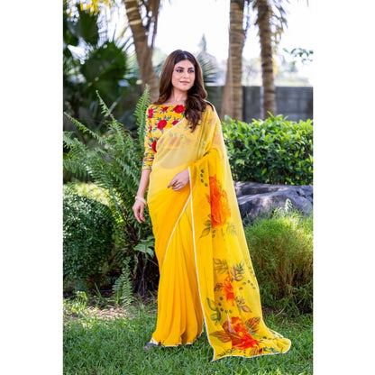 Women's Georgette  Printed Saree With Unstitched Blouse 5.5Mtr (Yellow)