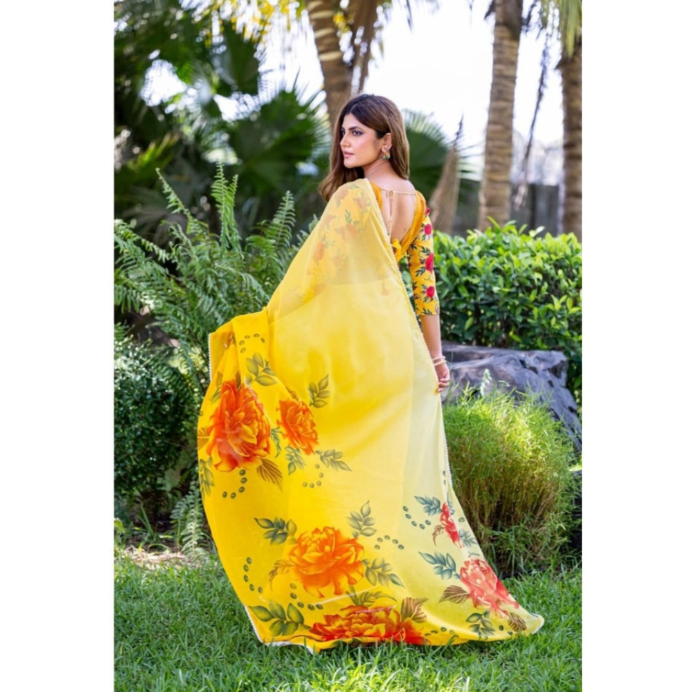 Women's Georgette  Printed Saree With Unstitched Blouse 5.5Mtr (Yellow)