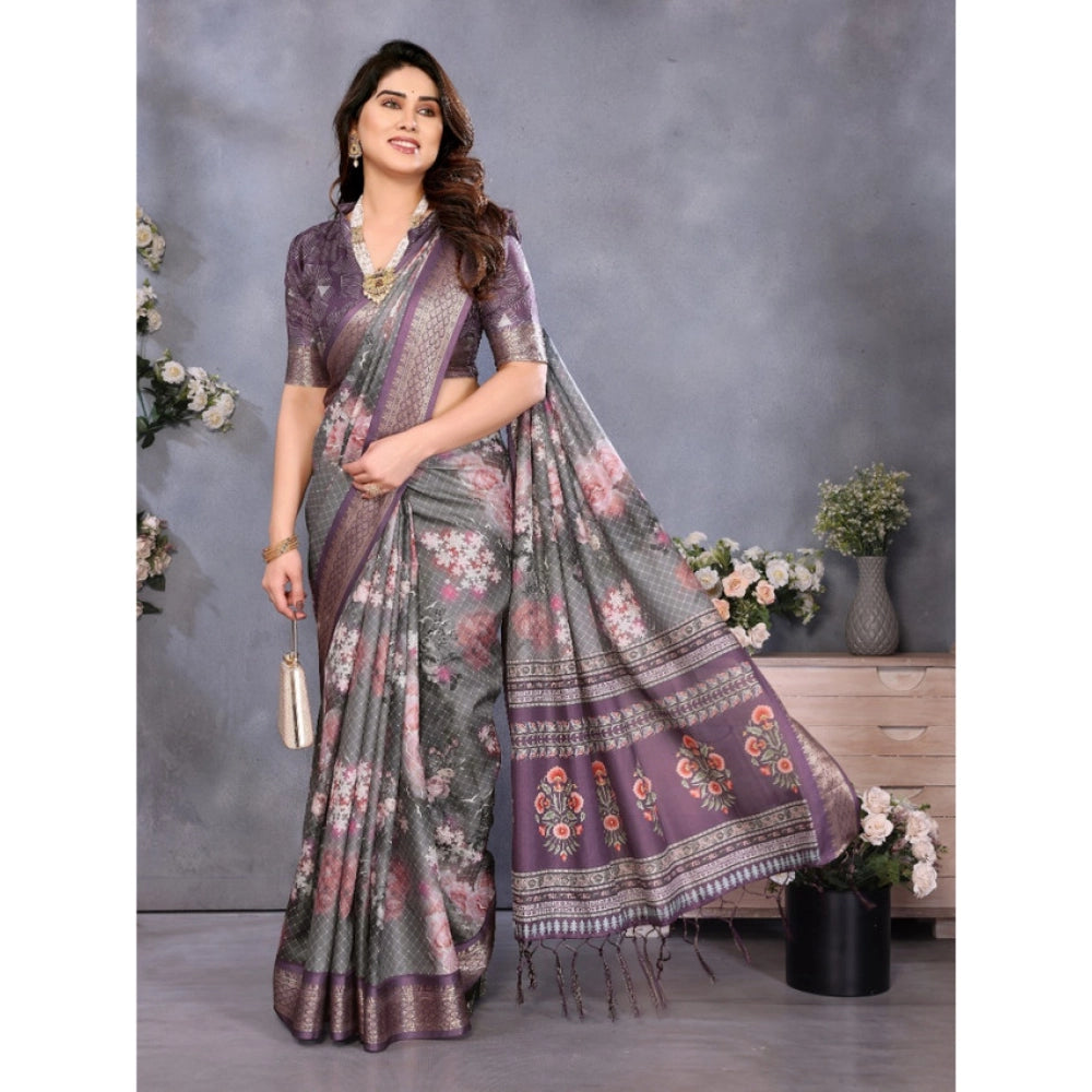 Women's Cotton Silk  Printed Saree With Unstitched Blouse 5.5Mtr (Wine )