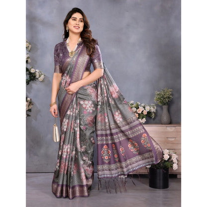 Women's Cotton Silk  Printed Saree With Unstitched Blouse 5.5Mtr (Wine )