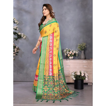 Women's Cotton Silk  Printed Saree With Unstitched Blouse 5.5Mtr (Yellow)