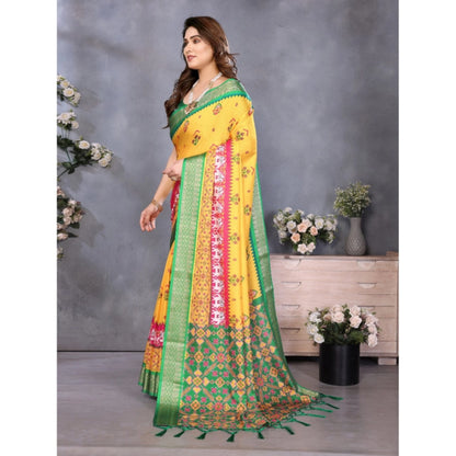 Women's Cotton Silk  Printed Saree With Unstitched Blouse 5.5Mtr (Yellow)