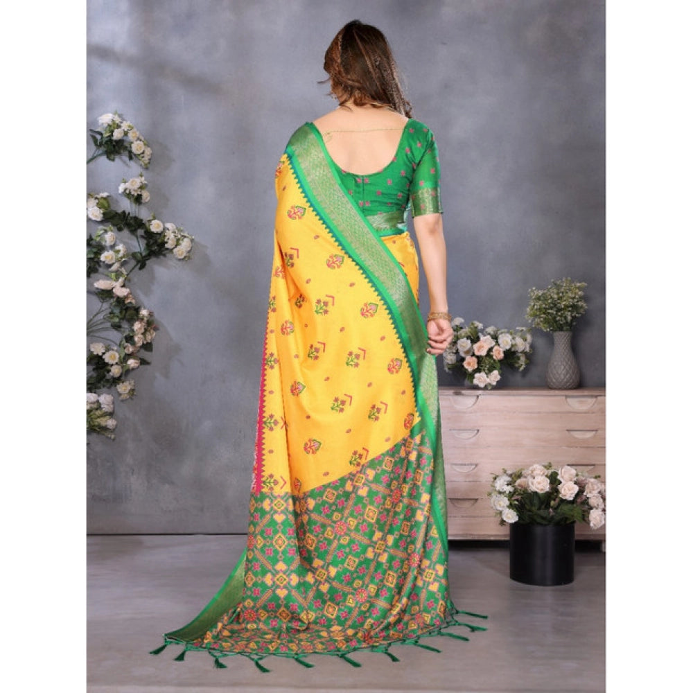 Women's Cotton Silk  Printed Saree With Unstitched Blouse 5.5Mtr (Yellow)
