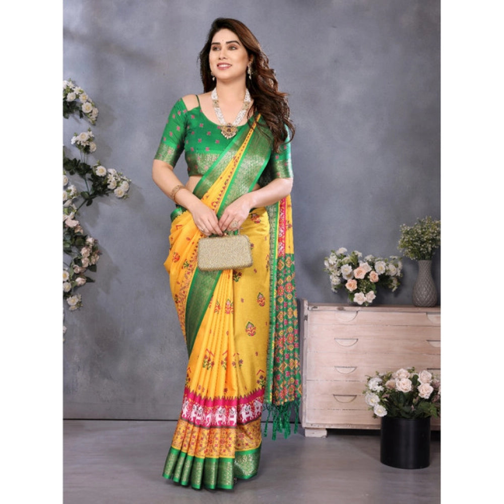 Women's Cotton Silk  Printed Saree With Unstitched Blouse 5.5Mtr (Yellow)