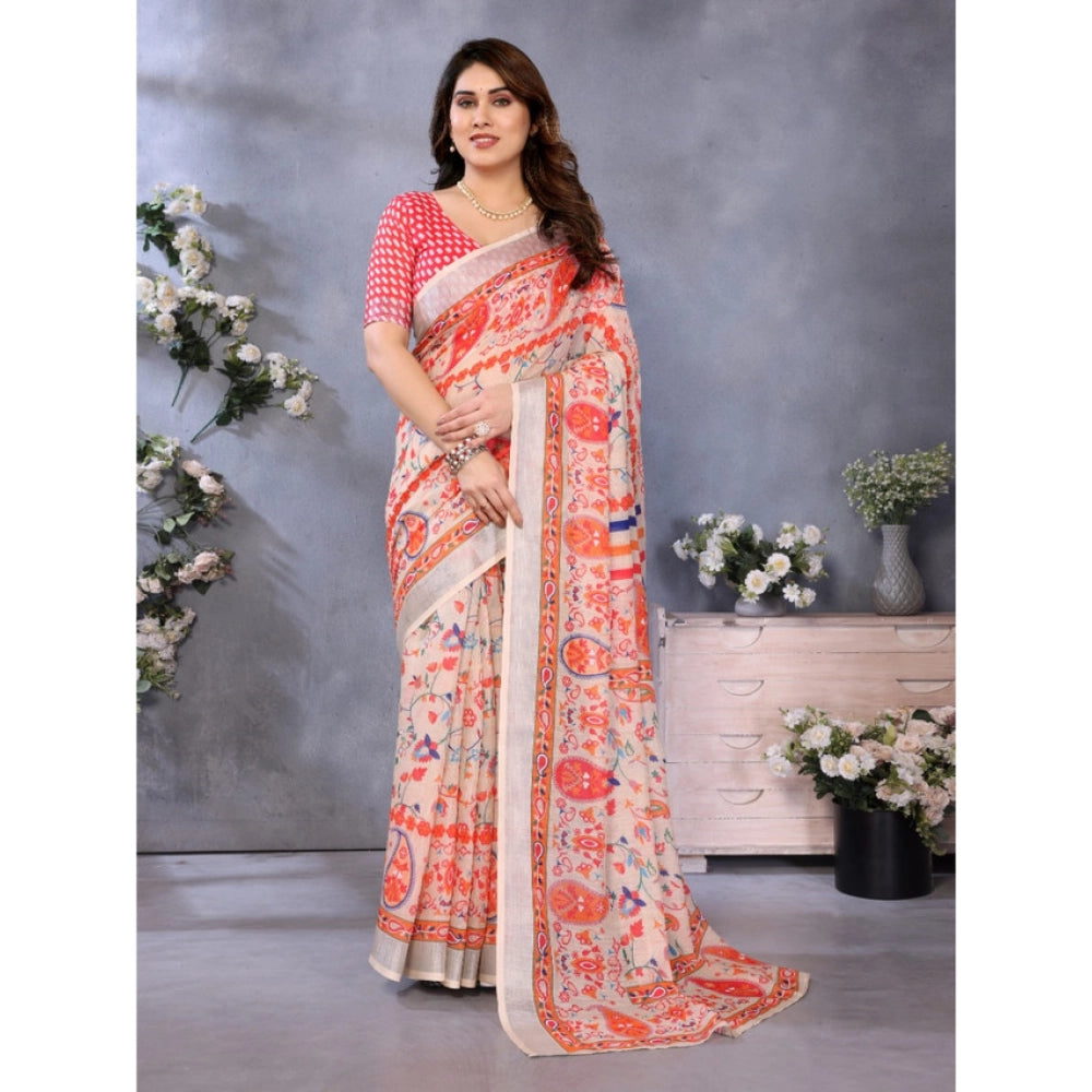 Women's Linen Cotton  Printed Saree With Unstitched Blouse 5.5Mtr (Orange )