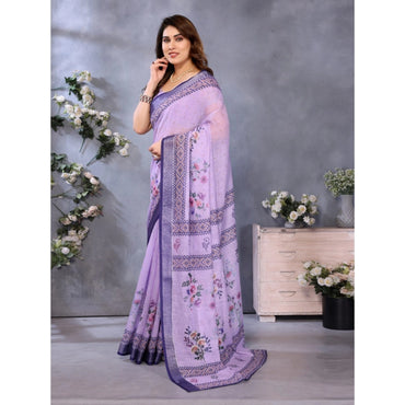 Women's Linen Cotton  Printed Saree With Unstitched Blouse 5.5Mtr (Purple)