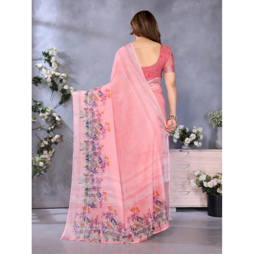 Women's Linen Cotton  Printed Saree With Unstitched Blouse 5.5Mtr (Peach)