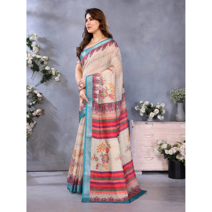 Women's Linen Cotton  Printed Saree With Unstitched Blouse 5.5Mtr (Cream)