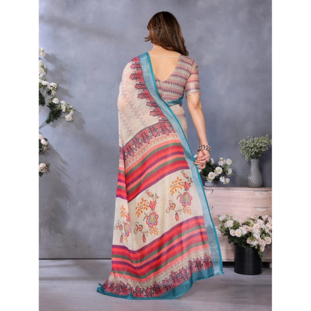 Women's Linen Cotton  Printed Saree With Unstitched Blouse 5.5Mtr (Cream)