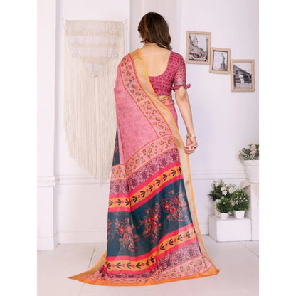 Women's Linen Cotton  Printed Saree With Unstitched Blouse 5.5Mtr (Pink)