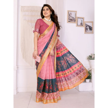 Women's Linen Cotton  Printed Saree With Unstitched Blouse 5.5Mtr (Pink)