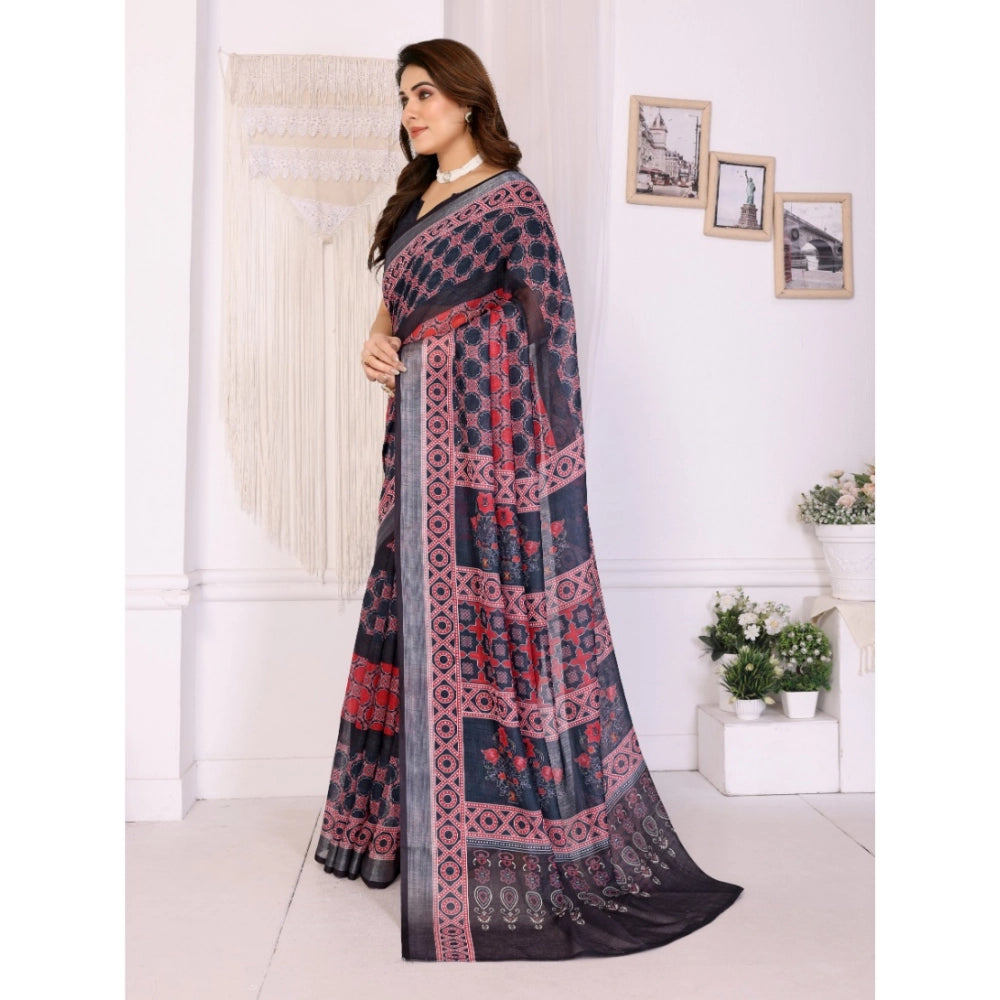 Women's Linen Cotton  Printed Saree With Unstitched Blouse 5.5Mtr (Black)