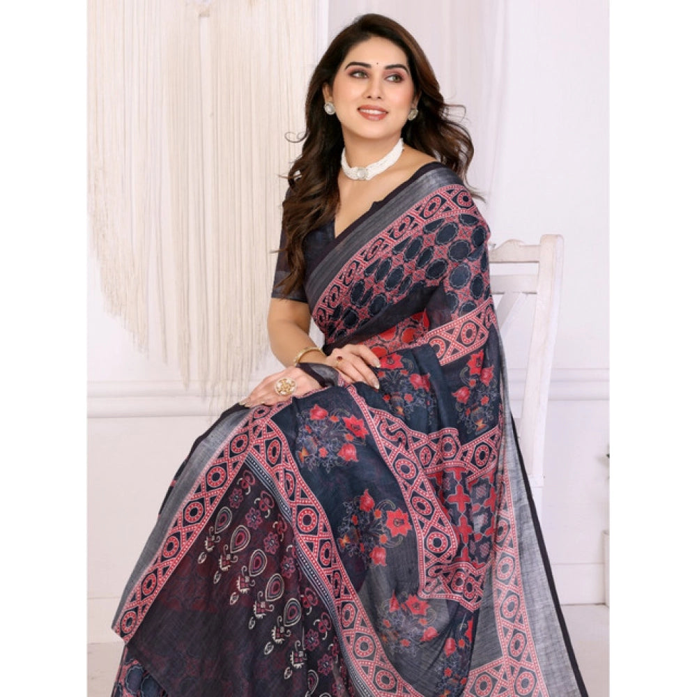 Women's Linen Cotton  Printed Saree With Unstitched Blouse 5.5Mtr (Black)