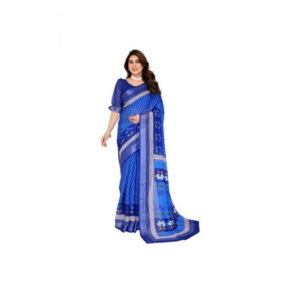 Women's Linen Cotton  Printed Saree With Unstitched Blouse 5.5Mtr (Blue)