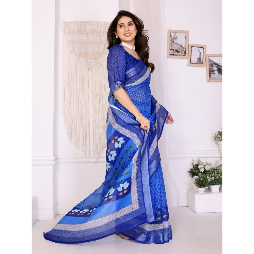 Women's Linen Cotton  Printed Saree With Unstitched Blouse 5.5Mtr (Blue)