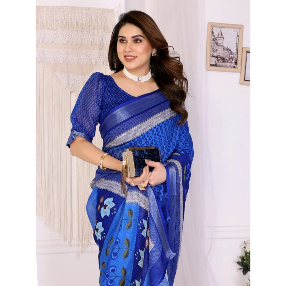 Women's Linen Cotton  Printed Saree With Unstitched Blouse 5.5Mtr (Blue)