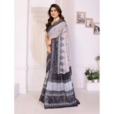 Women's Linen Cotton  Printed Saree With Unstitched Blouse 5.5Mtr (White &amp; Black)