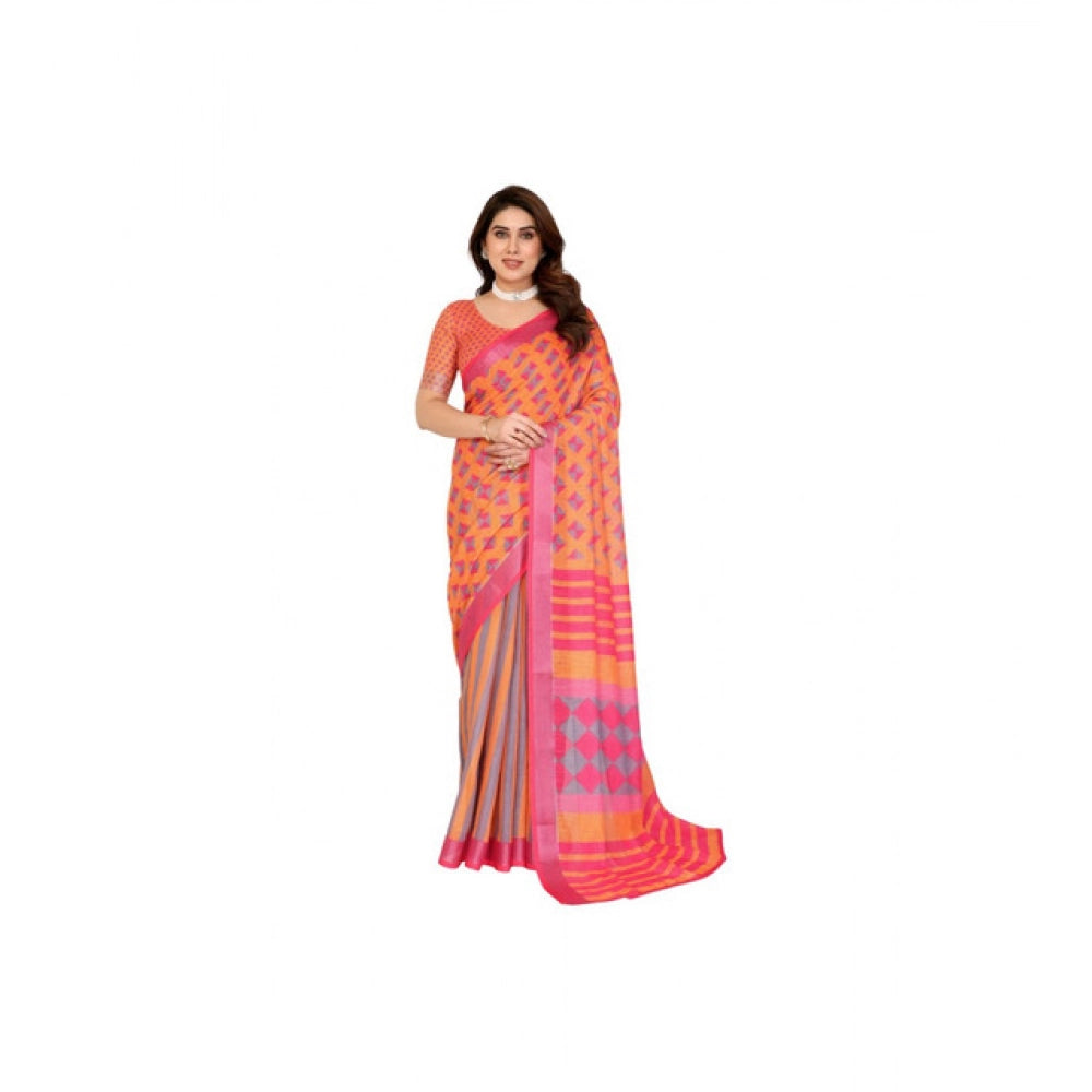 Women's Linen Cotton  Printed Saree With Unstitched Blouse 5.5Mtr (Orange )