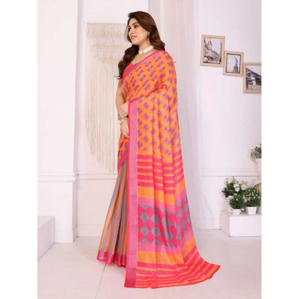 Women's Linen Cotton  Printed Saree With Unstitched Blouse 5.5Mtr (Orange )
