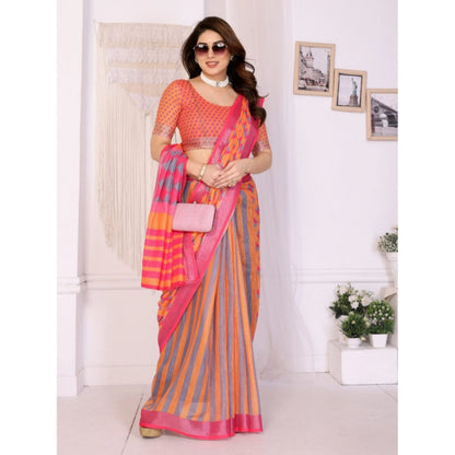 Women's Linen Cotton  Printed Saree With Unstitched Blouse 5.5Mtr (Orange )