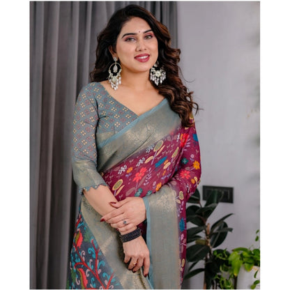 Women's Linen  Printed Saree With Unstitched Blouse 5.5Mtr (Purple)