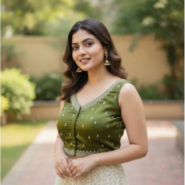 Women's Zimmi Choo Sequin Work V-Neck Padded Blouse (Olive 38 Ready (Self Alterable 36–40)